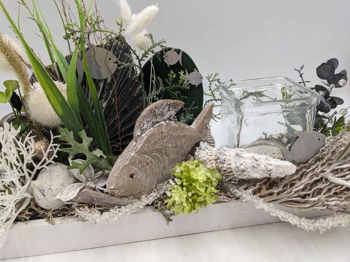 Sommergesteck maritim Teelicht Muschel Fisch creme