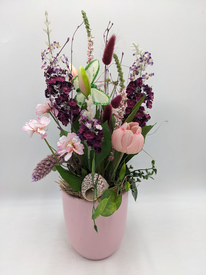 Sommergesteck Schmetterling Schnecke Tulpe  rosa