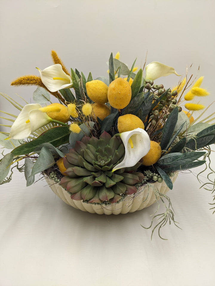 Sommergesteck Zitrone Calla gelb