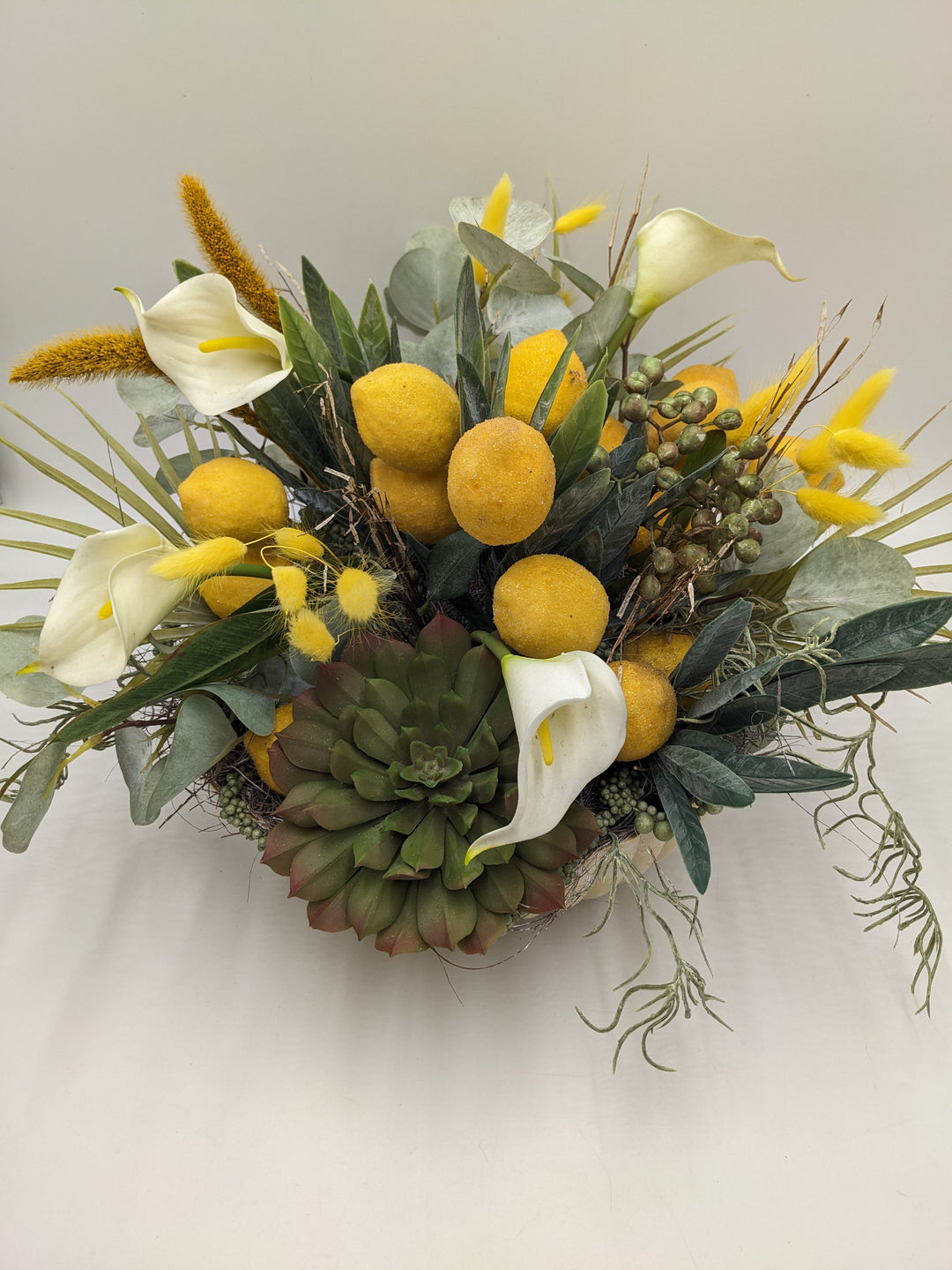 Sommergesteck Zitrone Calla gelb