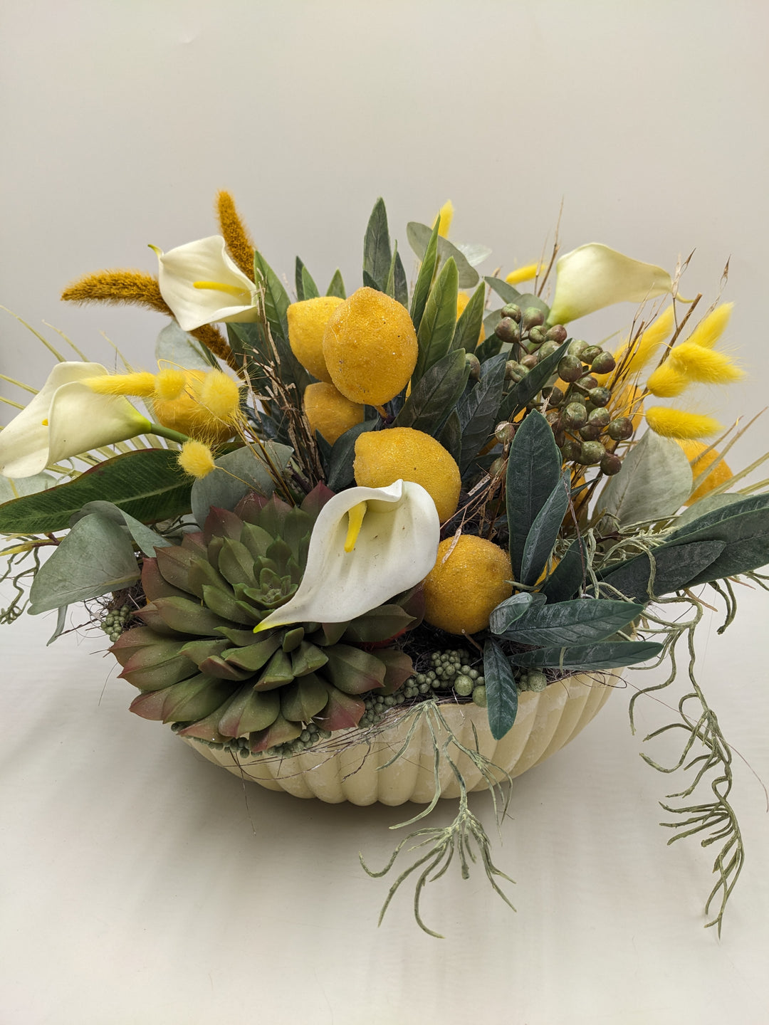 Sommergesteck Zitrone Calla gelb