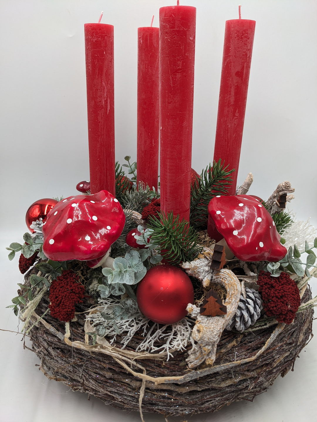 Adventskranz XXL rot natur mit Fliegenpilzen, 40 cm