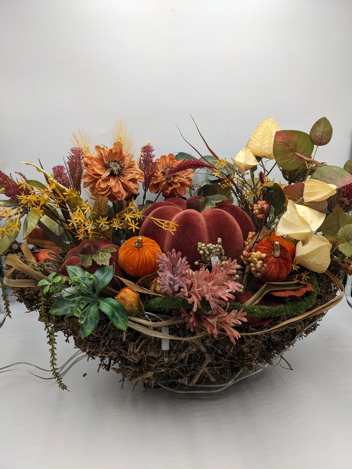 Herbstgesteck XXL beleuchtet Kürbis Physalis orange