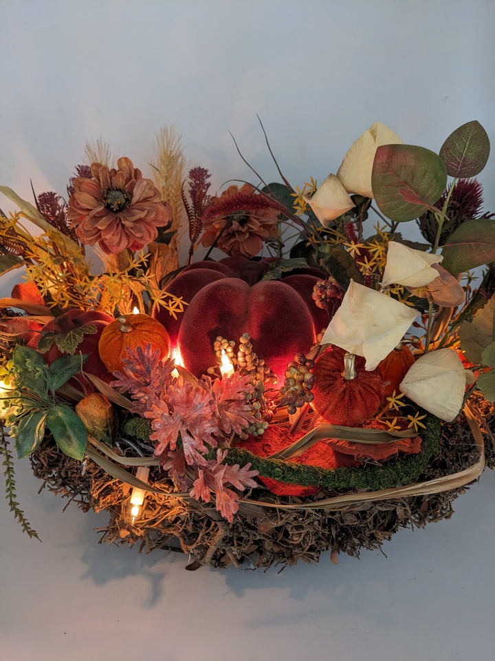 Herbstgesteck XXL beleuchtet Kürbis Physalis orange