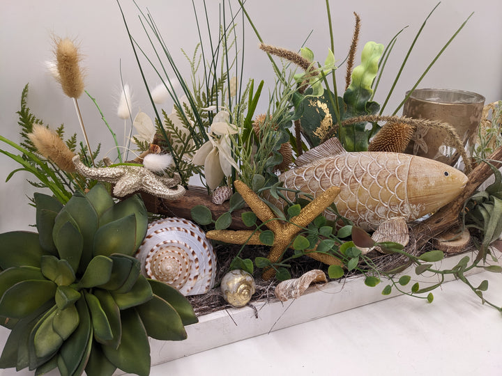 Sommergesteck maritim Teelicht Schnecke Seestern creme