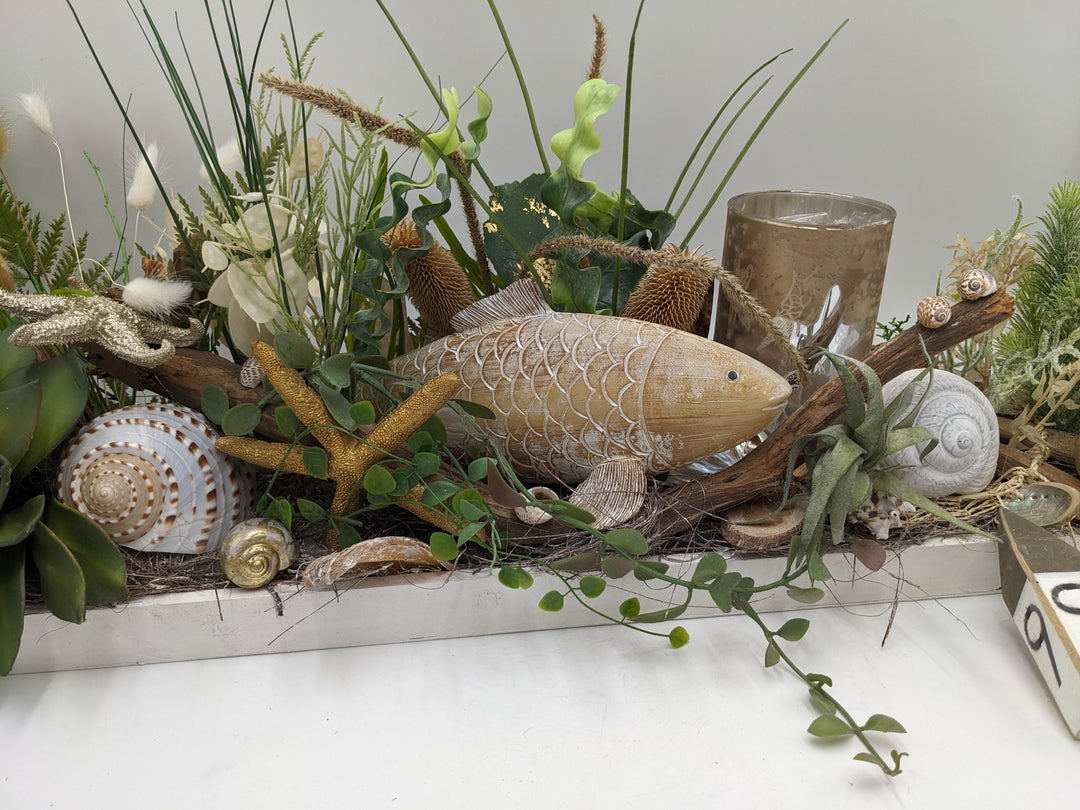 Sommergesteck maritim Teelicht Schnecke Seestern creme