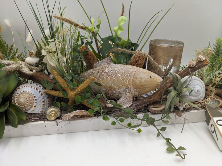 Sommergesteck maritim Teelicht Schnecke Seestern creme