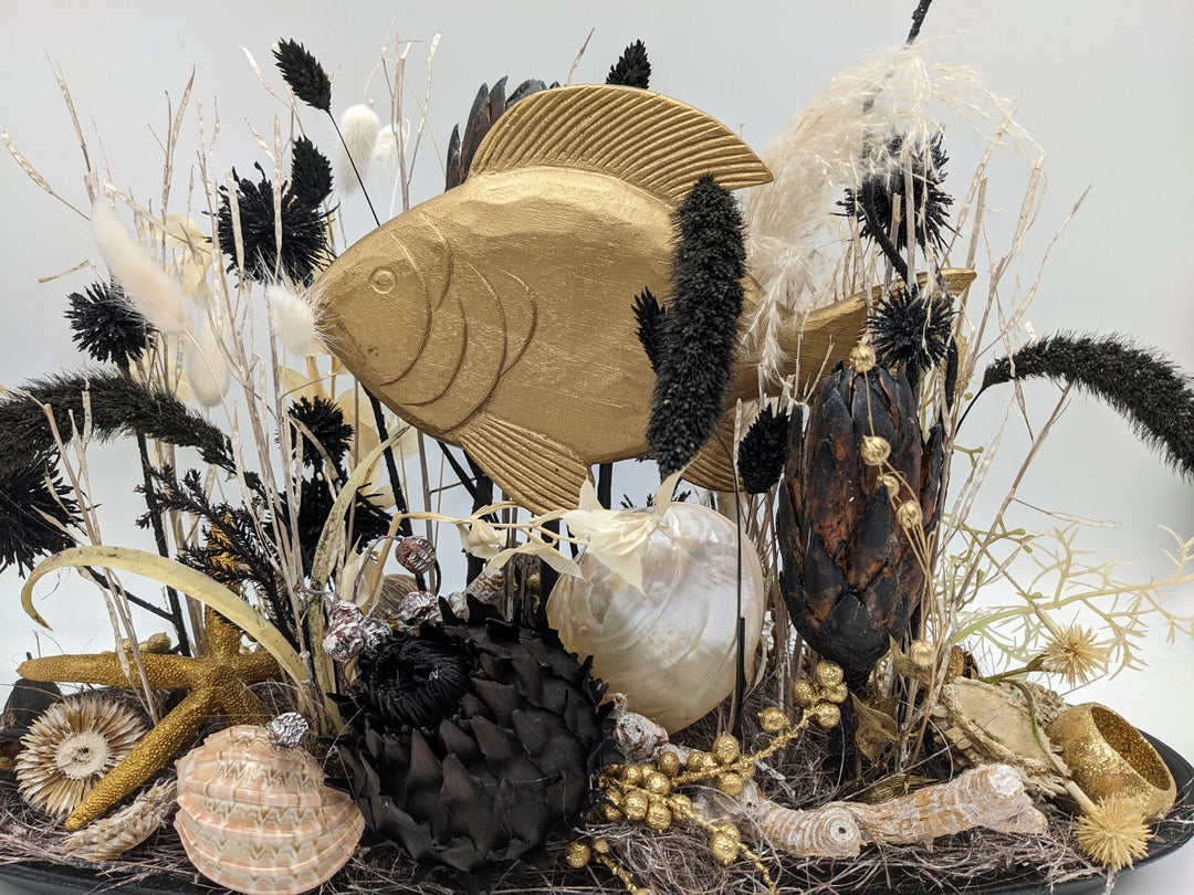 Sommergesteck maritim Schnecke Fisch gold