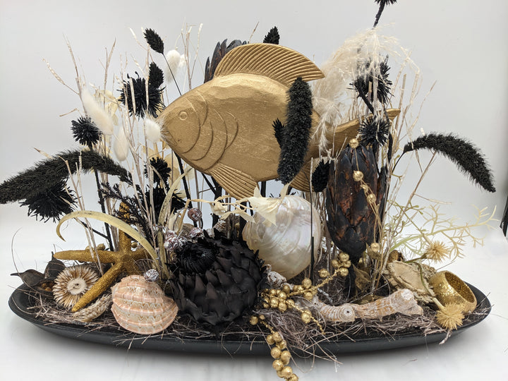 Sommergesteck maritim Schnecke Fisch gold