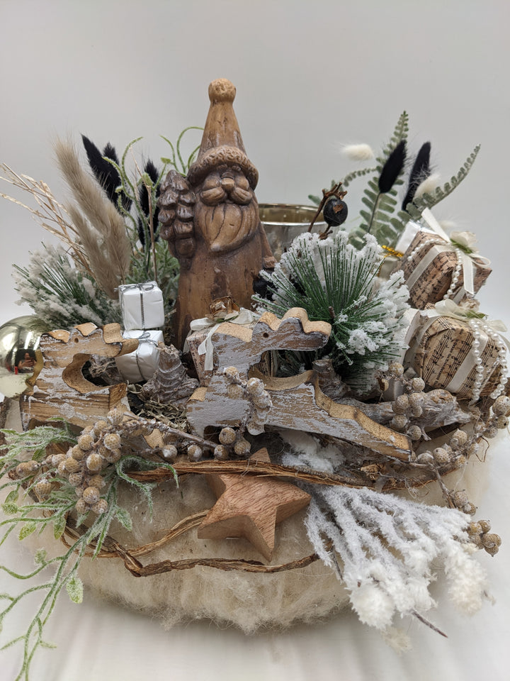 Weihnachtsgesteck Teelicht Kugel Hirsch creme