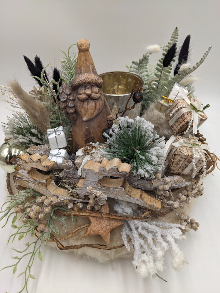 Weihnachtsgesteck Teelicht Kugel Hirsch creme