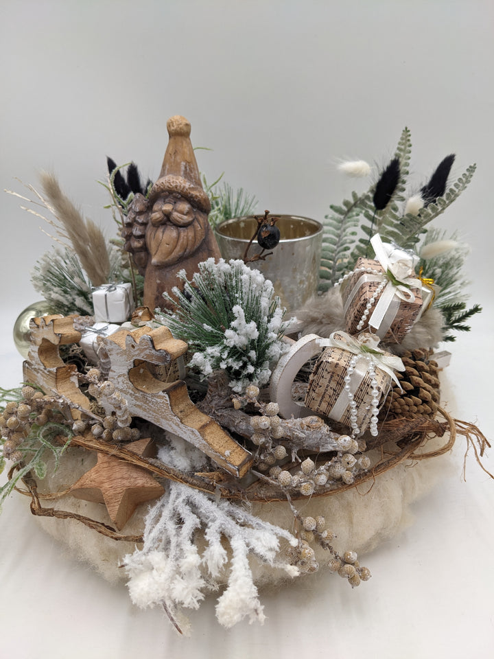 Weihnachtsgesteck Teelicht Kugel Hirsch creme