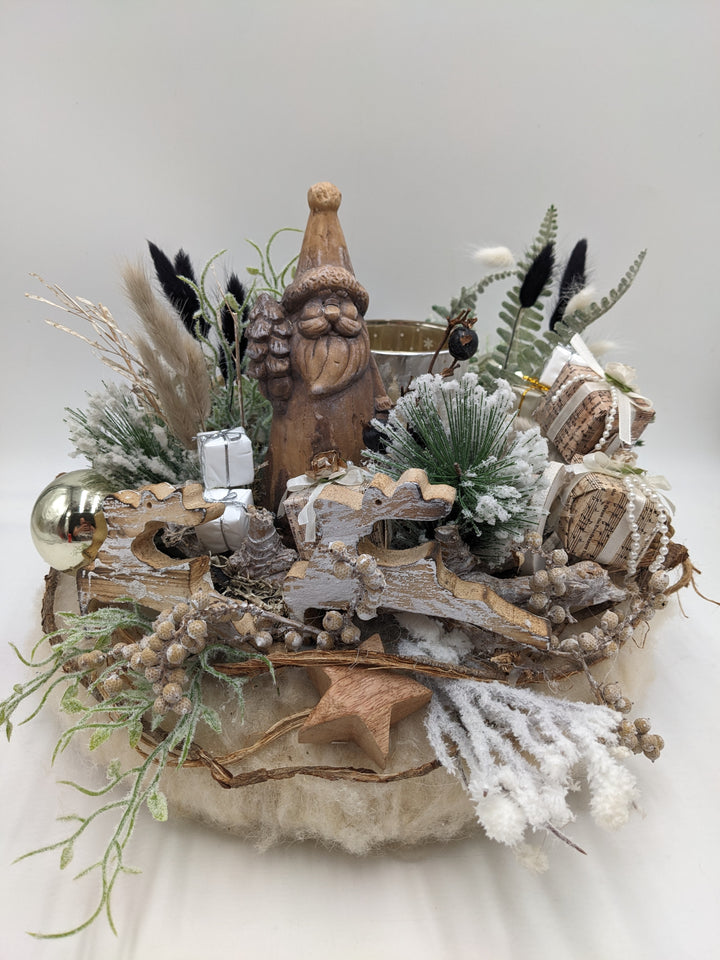 Weihnachtsgesteck Teelicht Kugel Hirsch creme