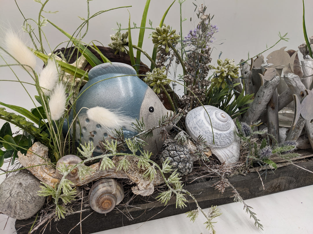 Sommergesteck maritim Teelicht Schnecke Fisch blau