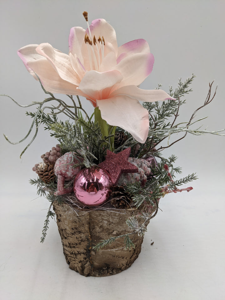 Weihnachtsgesteck Kugel Stern Amaryllis rosa