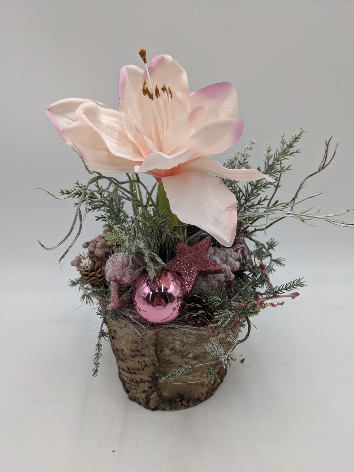 Weihnachtsgesteck Kugel Stern Amaryllis rosa
