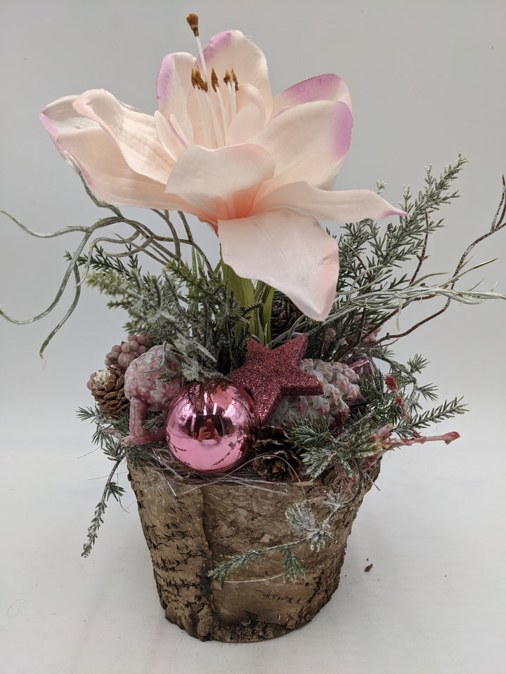 Weihnachtsgesteck Kugel Stern Amaryllis rosa
