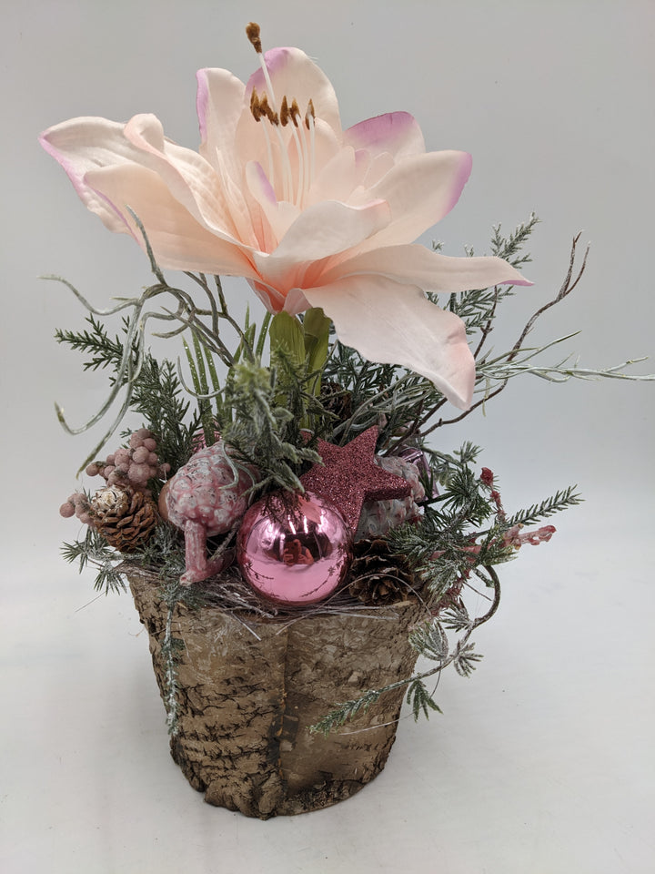 Weihnachtsgesteck Kugel Stern Amaryllis rosa