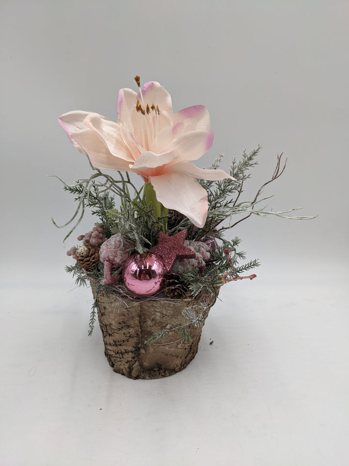 Weihnachtsgesteck Kugel Stern Amaryllis rosa