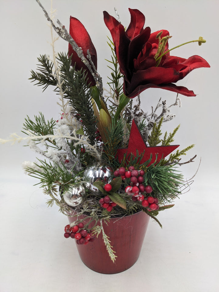 Weihnachtsgesteck Kugel Stern Amaryllis rot