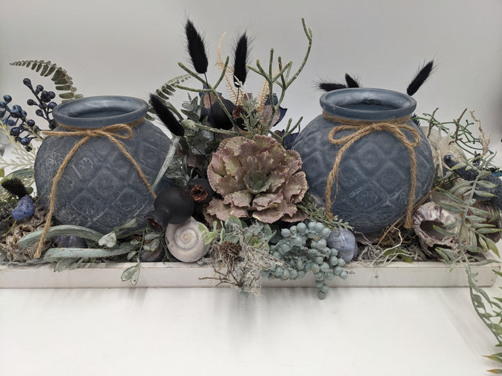 Sommergesteck Teelicht Schnecke Seestern blau