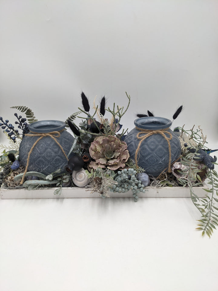 Sommergesteck Teelicht Schnecke Seestern blau