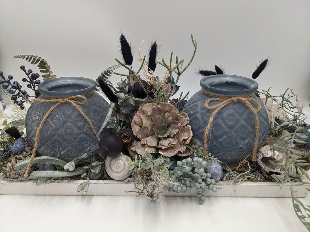 Sommergesteck Teelicht Schnecke Seestern blau