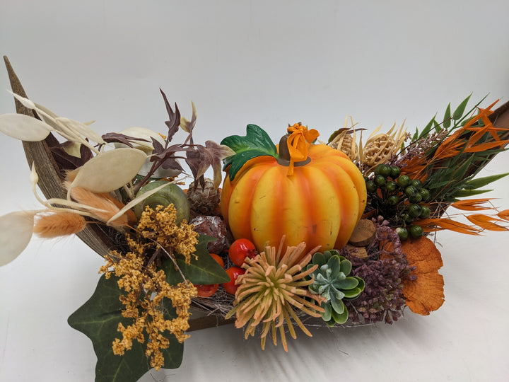 Herbstgesteck Kürbis Schnecke Sukkulente orange