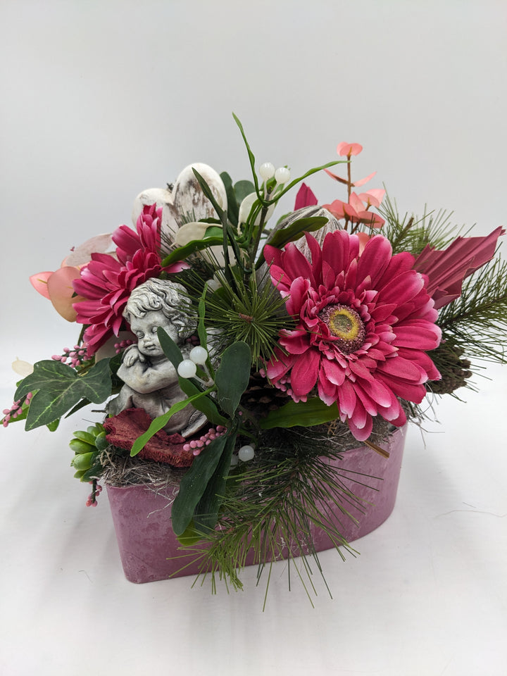 Trauergesteck Herz Engel Gerbera rosa