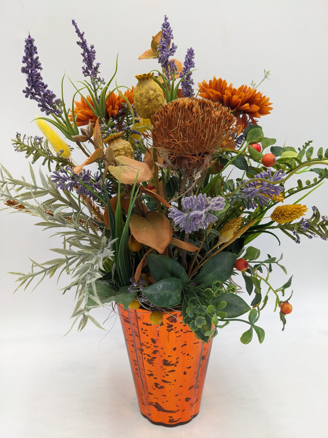 Sommergesteck Lavendel Gerbera orange
