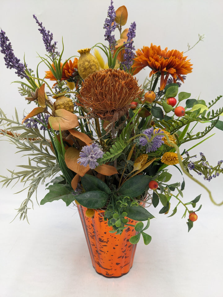 Sommergesteck Lavendel Gerbera orange