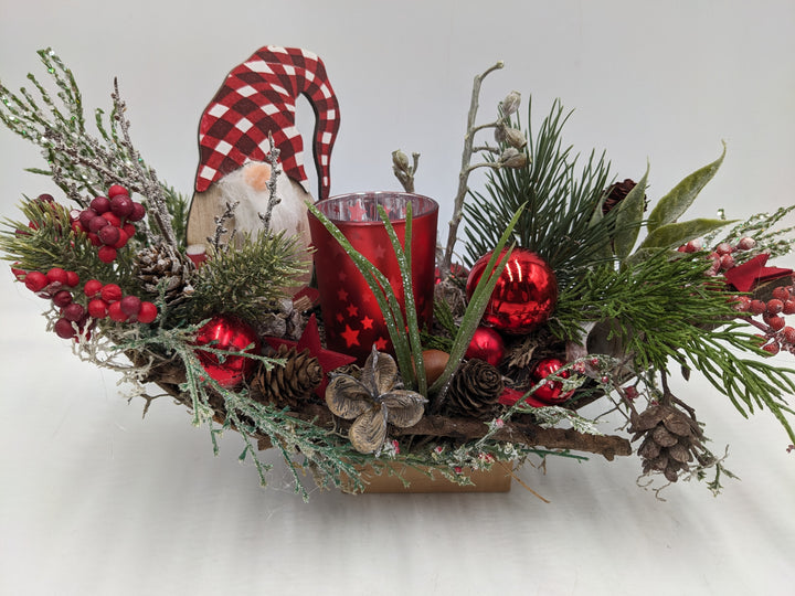 Weihnachtsgesteck Teelicht Kugel Wichtel rot