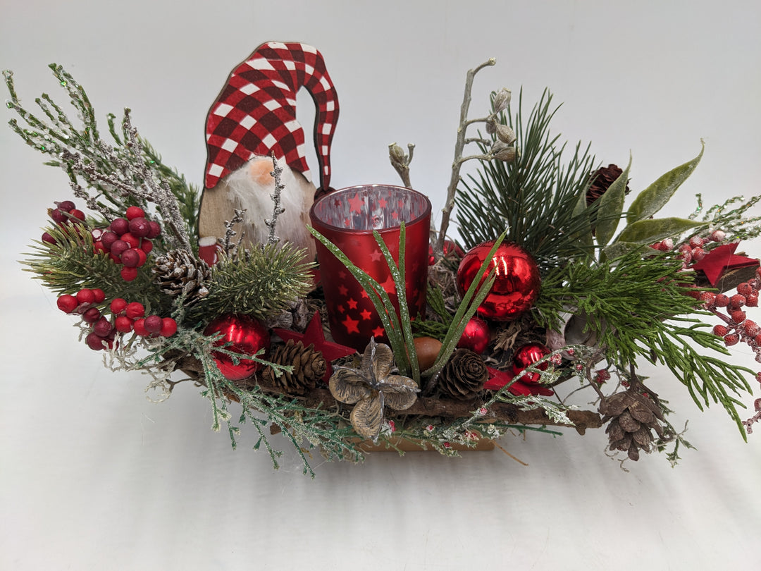 Weihnachtsgesteck Teelicht Kugel Wichtel rot