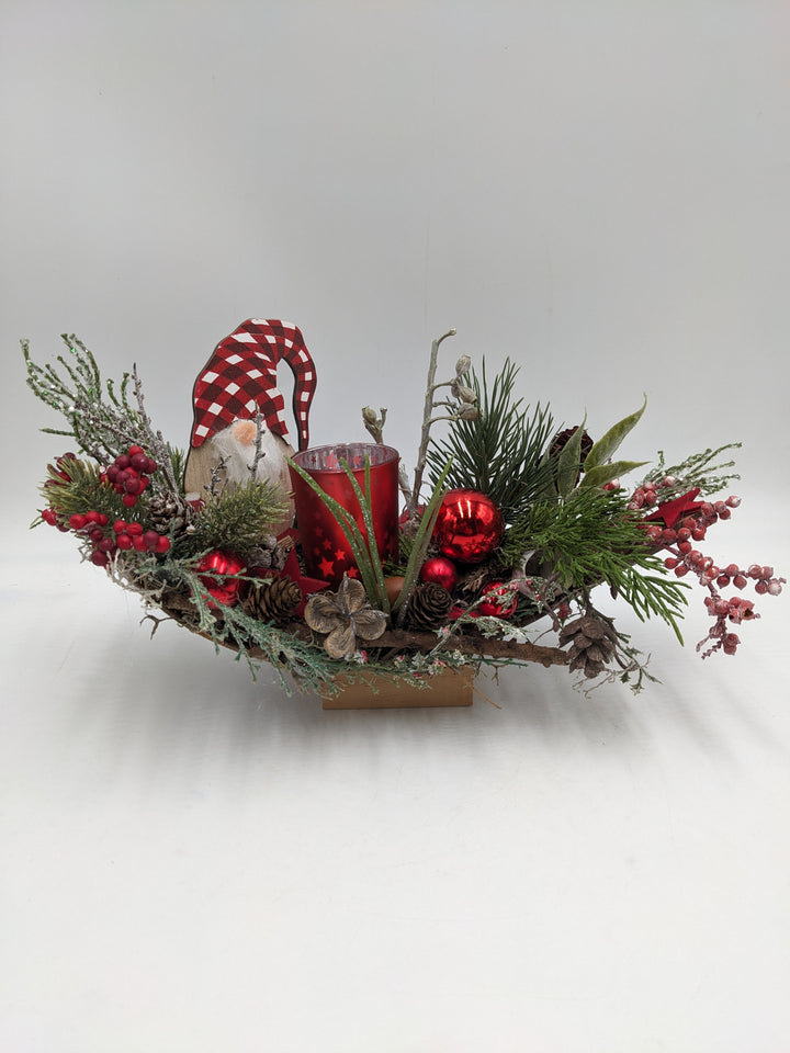 Weihnachtsgesteck Teelicht Kugel Wichtel rot