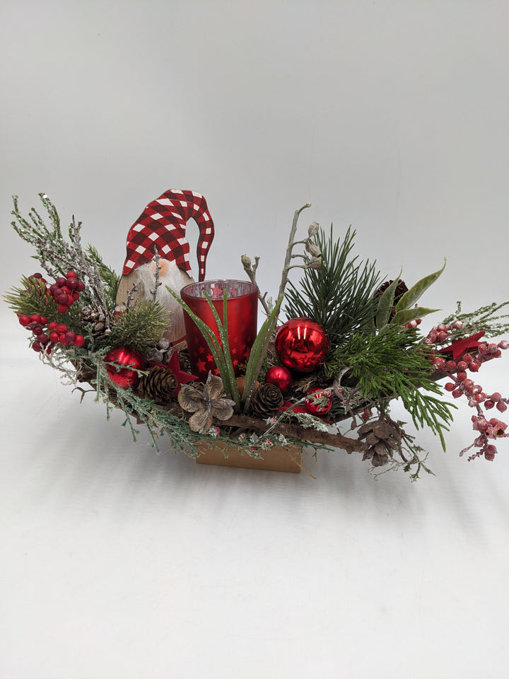 Weihnachtsgesteck Teelicht Kugel Wichtel rot