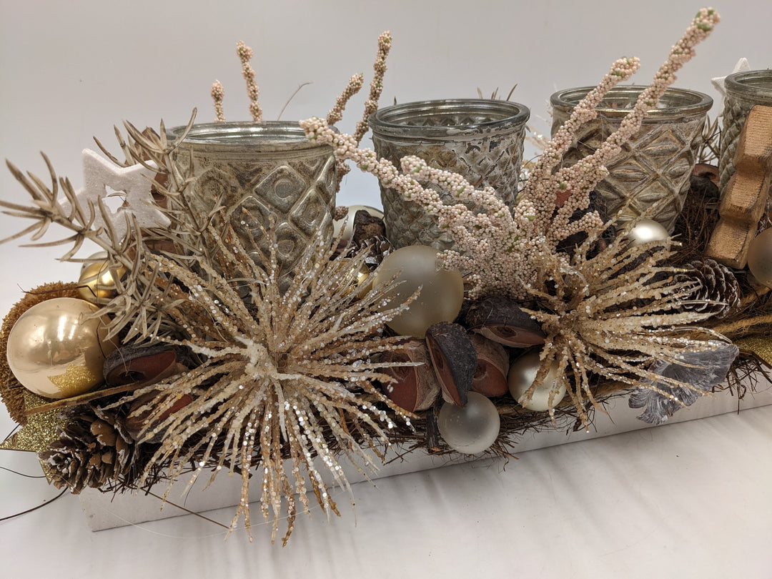 Adventsgesteck Teelicht Kugel Spider champagner