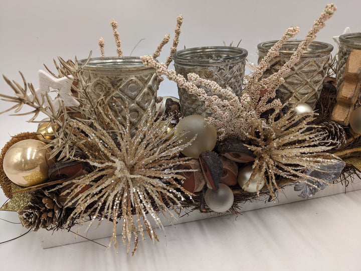 Adventsgesteck Teelicht Kugel Spider champagner