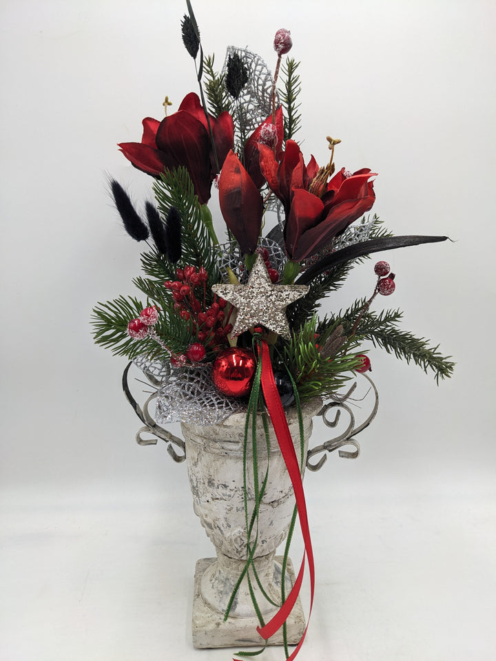 Weihnachtsgesteck Kugel Stern Amaryllis rot