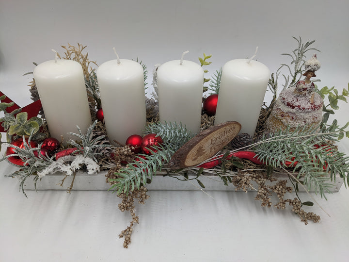 Adventsgesteck Frohes Fest Kugel Glocke weiß