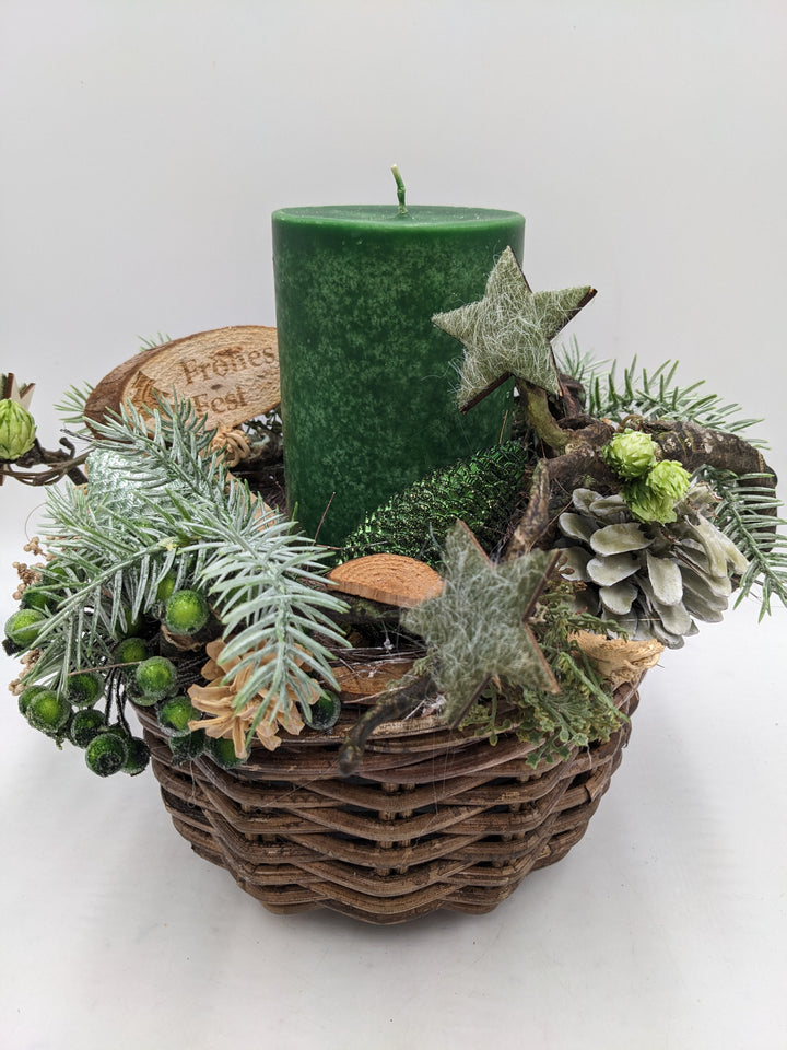 Weihnachtsgesteck Frohes Fest Zapfen Stern grün