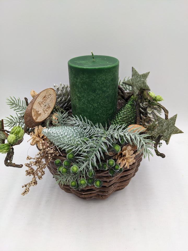 Weihnachtsgesteck Frohes Fest Zapfen Stern grün