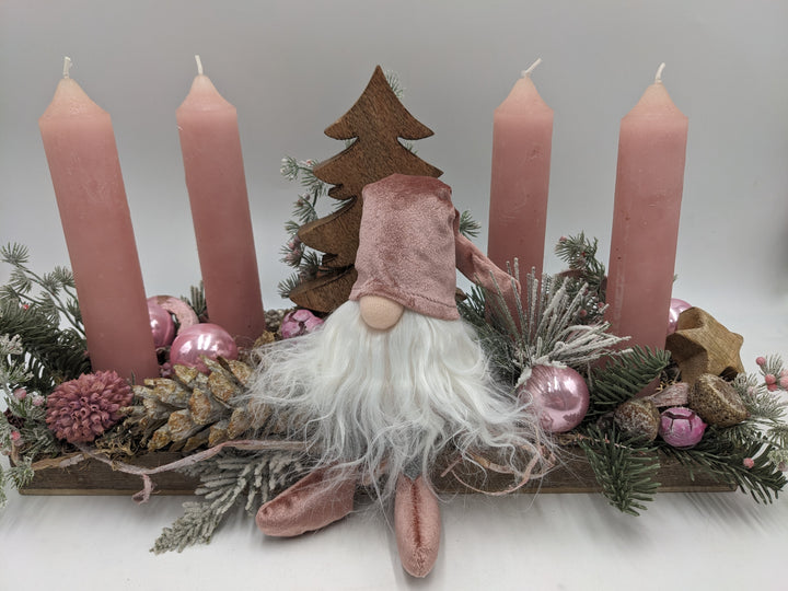 Adventsgesteck Kugel Zapfen Wichtel rosa