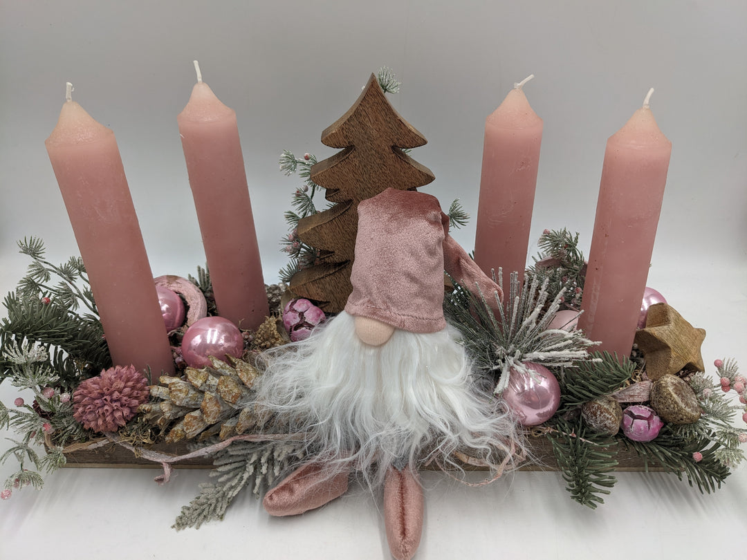 Adventsgesteck Kugel Zapfen Wichtel rosa