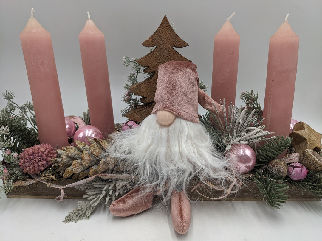 Adventsgesteck Kugel Zapfen Wichtel rosa
