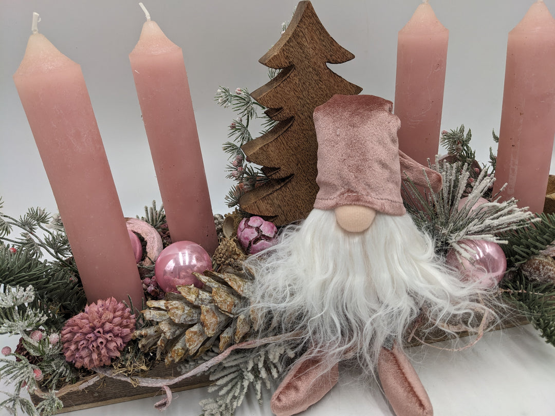 Adventsgesteck Kugel Zapfen Wichtel rosa