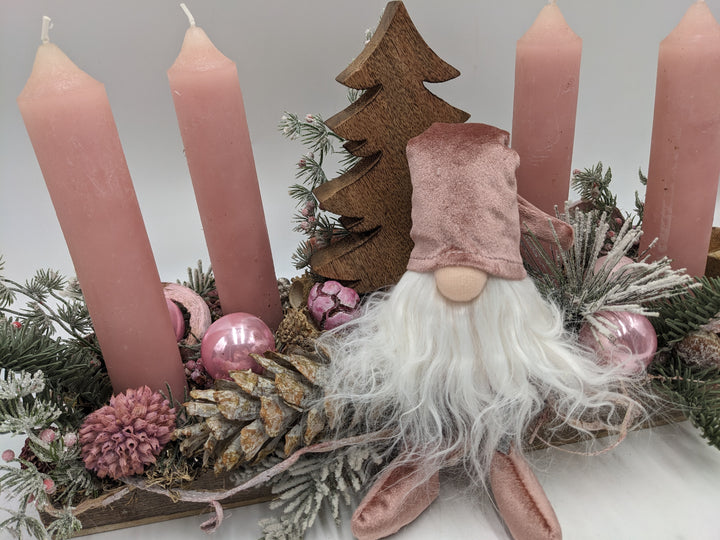 Adventsgesteck Kugel Zapfen Wichtel rosa