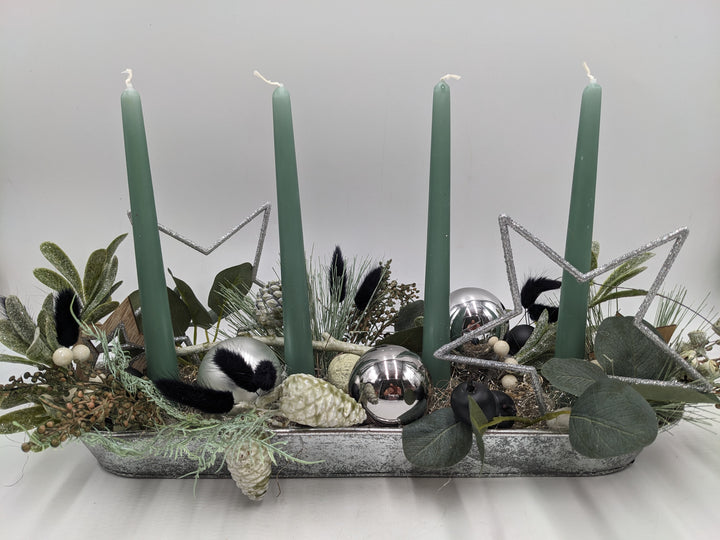 Adventsgesteck Kugel Stern Mistel salbei