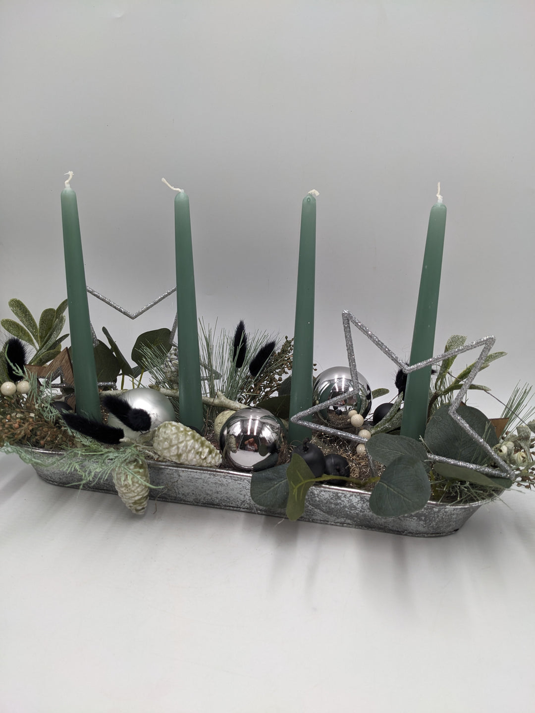 Adventsgesteck Kugel Stern Mistel salbei