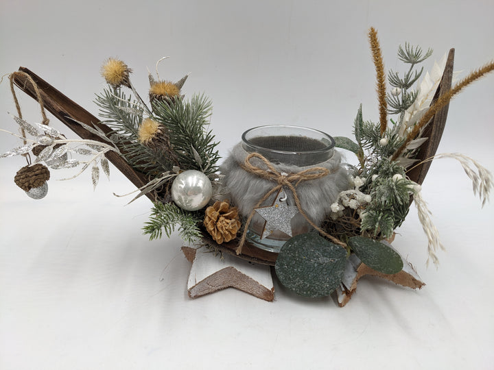 Weihnachtsgesteck Teelicht Kugel Eichel silber
