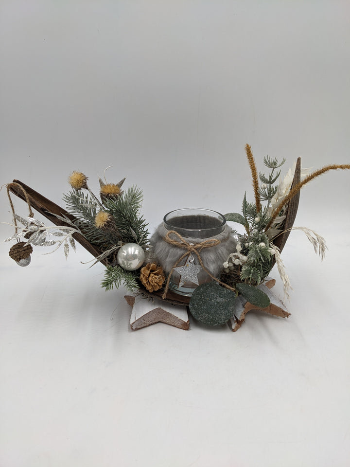 Weihnachtsgesteck Teelicht Kugel Eichel silber